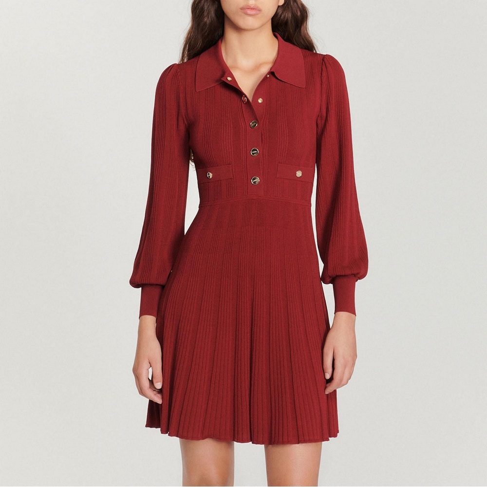 SANDRO Lison Buttoned Rib-Knit Dress size S